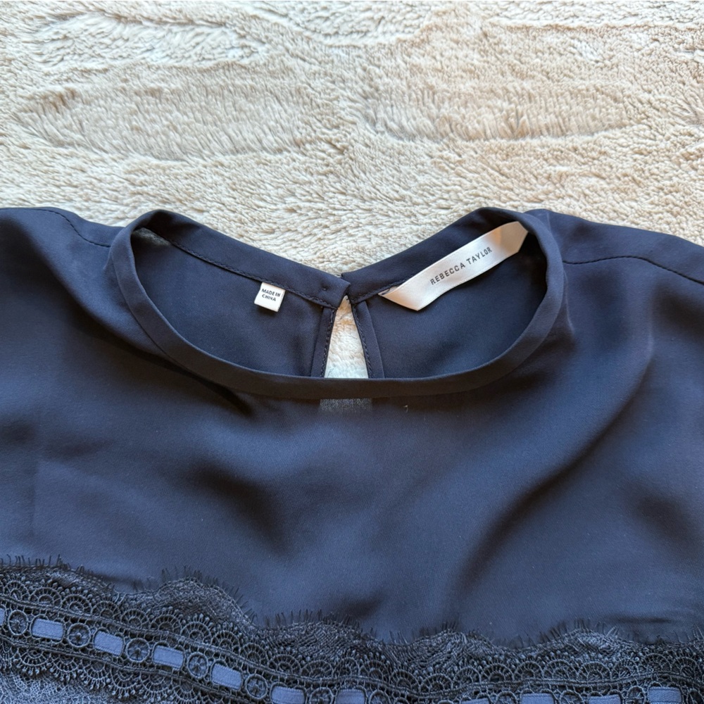 NWT REBECCA TAYLOR Lace Stripe Silk Top In Dark Navy Size XS - Picture 9 of 16